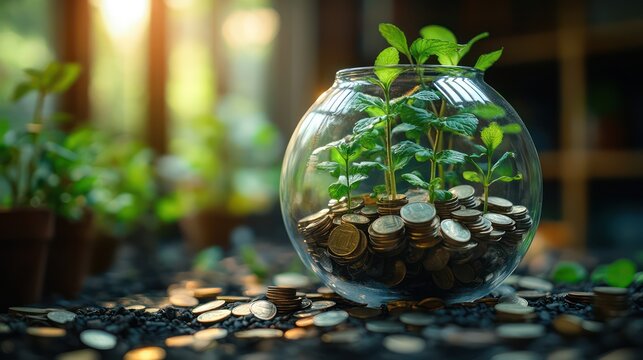 A piggy bank beside a thriving plant, with scattered coins symbolizing savings and financial growth. Soft, warm lighting adds a peaceful touch.