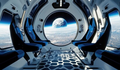 Futuristic spaceship interior, Earth view, spacious cabin, travel