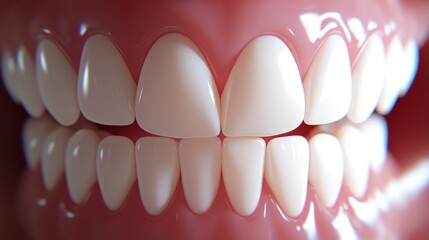 Close-up of a set of perfect, healthy, and bright white teeth, showcasing dental hygiene and oral care. A symbol of a beautiful smile and oral health.