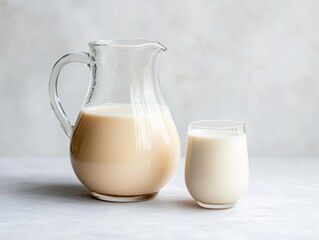 Glass Pitcher and Glass of Oat Milk