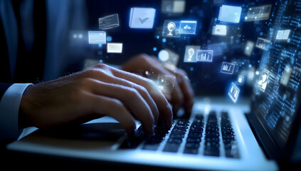 Digital workspace immersion, Hands typing amidst floating icons and data streams, representing technological advancement and interactive interface management