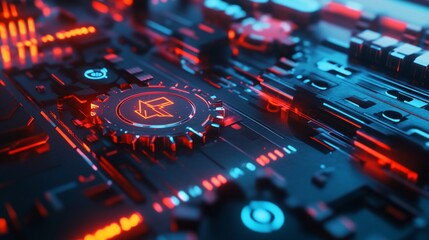 Obraz premium A futuristic digital circuit board with glowing red and blue holographic symbols and intricate details