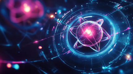 Obraz premium Abstract, neon-glowing, futuristic background with an atomic model