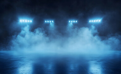Ethereal blue spotlight illumination over sleek, reflective surface, veiled in atmospheric mist, creating a captivating and dramatic ambiance