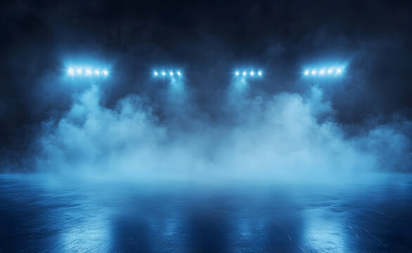 Ethereal blue spotlight illumination over sleek, reflective surface, veiled in atmospheric mist, creating a captivating and dramatic ambiance - Powered by Adobe