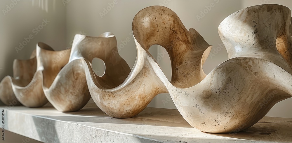 Poster soft textured forms are artistically placed on a neutral background creating a serene atmosphere. th