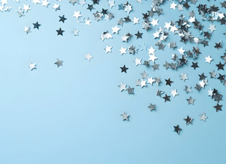 Fototapeta premium Glimmering celestial shower, Silver stars cascade on a serene blue backdrop, conjuring dreams of festive nights and magical aspirations in delicate display