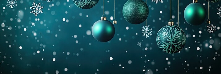 Teal Christmas Ornaments, Falling Snow, Festive Background