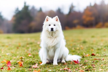 A serene portrait of a white dog sitting on lush green grass, surrounded by autumn leaves, with a blurred forest in the background