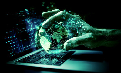 Global data network visualization, A digital globe held over a laptop, representing interconnectedness and technology's impact on the modern world