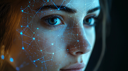 Close-up of woman's face with digital network overlay highlighti