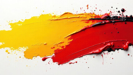 Bright yellow red and black paint strokes blend and swirl across a white surface. The vibrant colors showcase an artistic expression highlighting texture and creativity.
