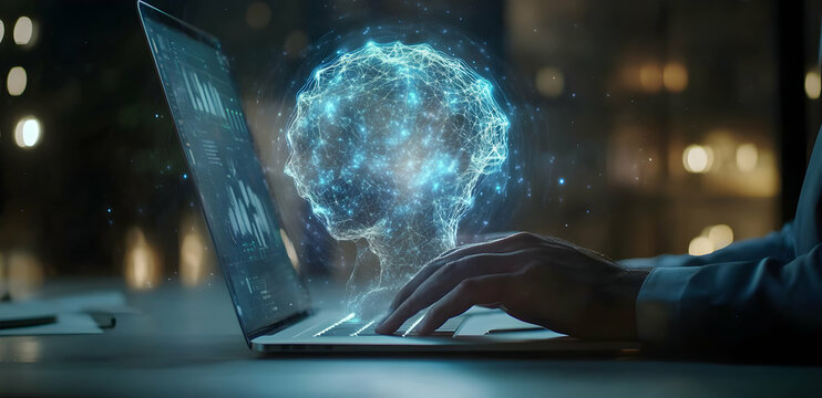 Harnessing artificial intelligence for data analysis insights, showcasing human computer interaction and cognitive technology advancement concept