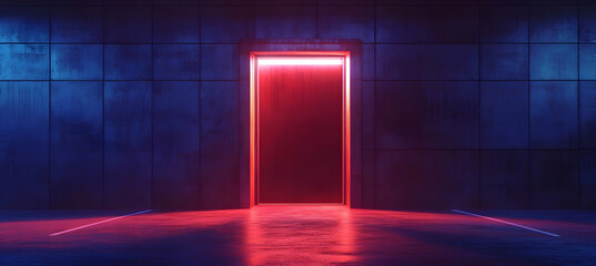 Illuminated doorway casting a vibrant red glow against a textured blue concrete wall, creating a contrast between the vibrant light and the cool surface