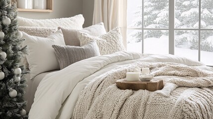 Christmas-themed cozy bedroom with knitted throw blanket and pine tree, ideal for the winter season