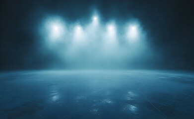 Illuminated ice arena surface with ethereal mist and bright spotlights casting an otherworldly glow over the prepared playing surface