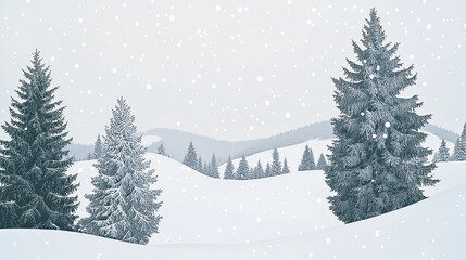 Obraz premium Scene Of Winter Snowscape, With Mountains And Trees Covered In Thick Layers Of Snow, Blue Sky With A Few White Clouds Scattered Around, Snowflakes Are Falling On The Surface