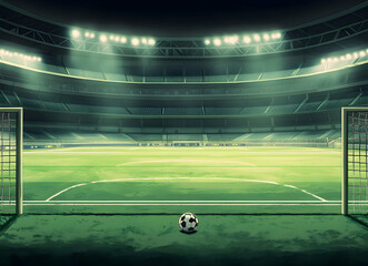 Illustrative rendering of a vibrant soccer stadium under stadium lighting with focus on an idle soccer ball resting near the goalpost