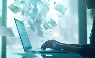 Modern workspace visualizing digital disruption with a laptop generating virtual documents in an office environment showcasing technological advancement