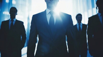 Fototapeta premium Business professionals in formal attire walk confidently in an urban setting during the early evening light