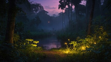 Mystical Rainforest River at Dusk