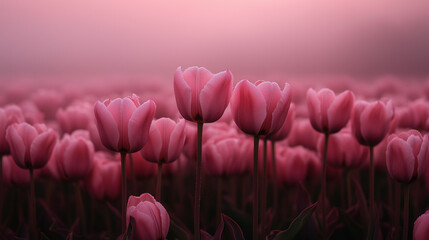 Spring field of flowers, field of pink tulips