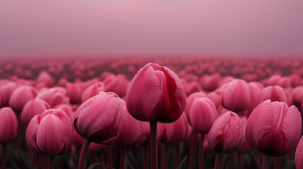 Spring field of flowers, field of pink tulips