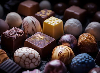 An Array of Exquisite Chocolates, A Symphony of Flavors and Textures in a Dark and Decadent Assortment, Promising Sweet Indulgence