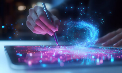 Innovative design process, Stylus pen interacting with futuristic digital interface displaying mesmerizing neon visual effects and particle streams