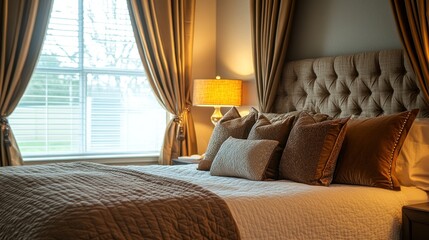 Fototapeta premium Elegant Bedroom with Tufted Headboard and Luxurious Golden Accents