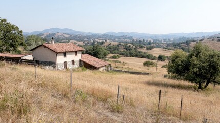Rural farmhouse nestled in a valley on a sunny day.  Possible use Stock photo for nature, travel, or countryside themes