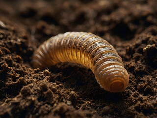 Naklejka premium A detailed close-up of a worm's surface, showcasing its segmented body, smooth texture, and fine details. The lighting emphasizes its natural appearance with the worm crawling through rich soil.