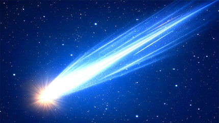 Obraz premium A bright comet streaks across a dark blue night sky, its luminous tail blazing with light. Stars twinkle in the background, creating a celestial spectacle.