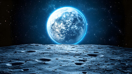 Stunning view of Earth rising above the cratered lunar surface.  A breathtaking cosmic scene filled with stars and a vibrant blue planet.