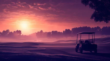 Fotobehang Serene sunrise over a golf course with a golf cart. peaceful morning scene. Golem-Forged Landscapes. Illustration © Thiago