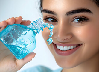 Radiant beauty, Captivating portrait of a woman showcasing rejuvenating skincare liquid for a vibrant, healthy glow and impeccable dental hygiene