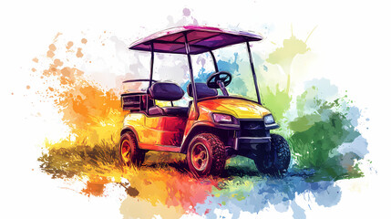 Vibrant golf cart illustration with colorful splashes, perfect for fun and recreational themes in art and design. Golem-Forged Landscapes. Illustration