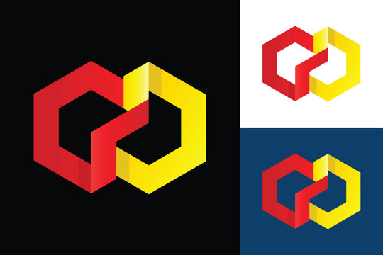 The image shows a flat logo design of overlapped and connected two hexagonal shapes in red and yellow color on a black background