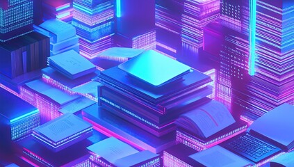 Obraz premium Digital Data Stacks: Neon Glow Illuminates Volumes of Information and Code, Abstract Cyberpunk Cityscape of Knowledge.