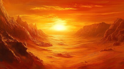 A vibrant sunset over a barren, rocky landscape, evoking a sense of otherworldliness.