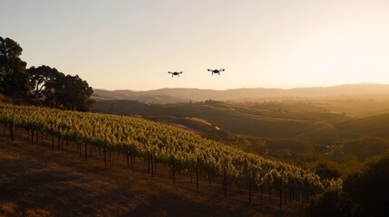 Drones monitoring vineyards at sunset in a serene agricultural landscape
