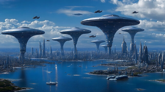 Futuristic city skyline with massive hovering structures over a sprawling metropolis and ocean. Flying vehicles traverse the sky, creating a scene of advanced technology and urban development.