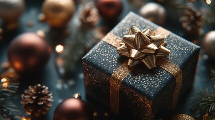 Elegant Gift Box Surrounded by Christmas Decorations with a Sparkling Gold Bow and Festive Ornaments