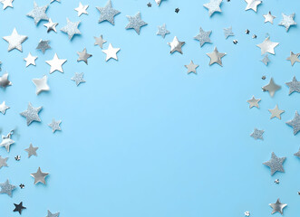 Obraz premium Sparkling Starry Sky, A Festive Arrangement of Silver Stars on a Serene Blue Canvas Creating a Joyful and Celebratory Ambience