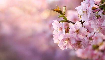 Obraz premium Delicate cherry blossoms in soft pink hues with a dreamy bokeh background, showcasing the beauty of nature in spring. Generative AI.