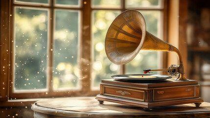 Obraz premium Vintage phonograph on wooden table by window. Nostalgic, classic music experience.
