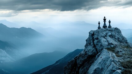 Strategic Summit: Chess Pieces atop Majestic Mountain Range