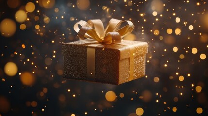 Elegant Golden Gift Box with Shimmering Bokeh Lights Perfect for Celebrations and Holiday Themes