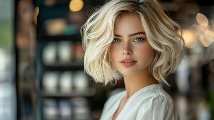 Obraz premium Young woman with short blonde hair posing confidently in a bright urban setting while wearing a stylish outfit