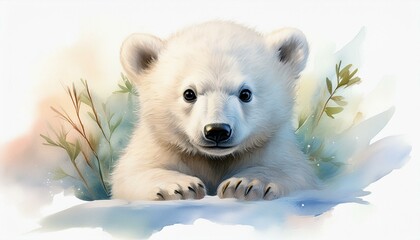 Naklejka premium Niedlicher kleiner Eisbär, weißer Hintergrund